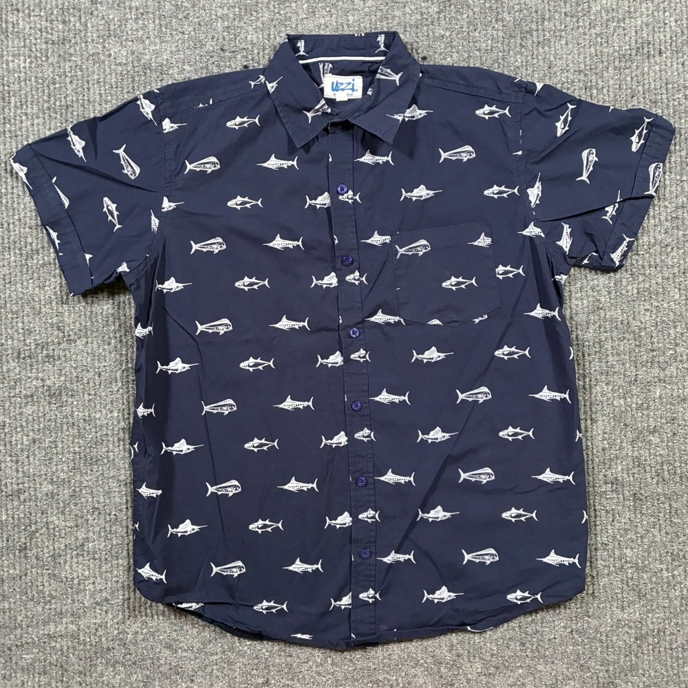 UZZI Amphibious Gear Mens Button Up Shirt Size M Blue Fish Print Short Sleeve